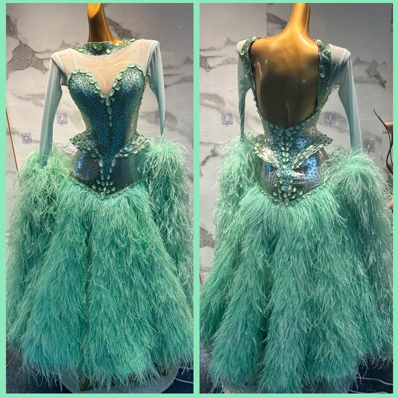 Ballroom Dance Dress Women's Mint Green Feather Sequin Open Back Long Sleeve Standard Competition Gown