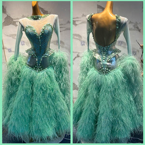 Ballroom Dance Dress Women's Mint Green Feather Sequin Open Back Long Sleeve Standard Competition Gown