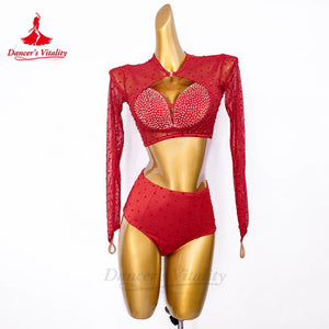 Latin Dance Costume Women's Black Rhinestone Mesh Long Sleeve Crop Top and High Waist Shorts