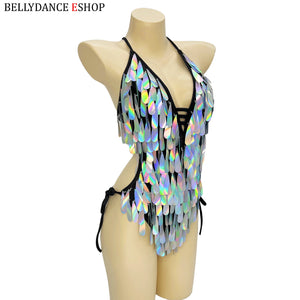 Women's Iridescent Sequin Fringe Halter Bodysuit, Belly Dance/Stage Wear