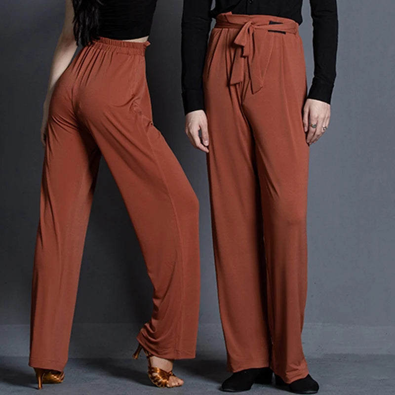Dance Pants Women's Black High-Waisted Wide Leg Tie-Waist Ballroom Latin Dance Trousers