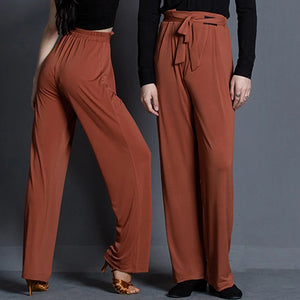 Dance Pants Women's Black High-Waisted Wide Leg Tie-Waist Ballroom Latin Dance Trousers