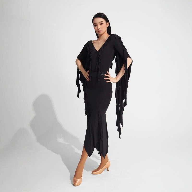 Women's Black Ruffled V-Neck Long Sleeve Mermaid Ballroom Latin Dance Dress
