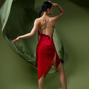 Latin Dance Dress Women's Red Fringe Asymmetrical Hem Spaghetti Strap Performance Dress