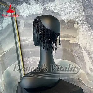 Dance Headband, Women's Black Sequin Fringe Headpiece, Latin Dance
