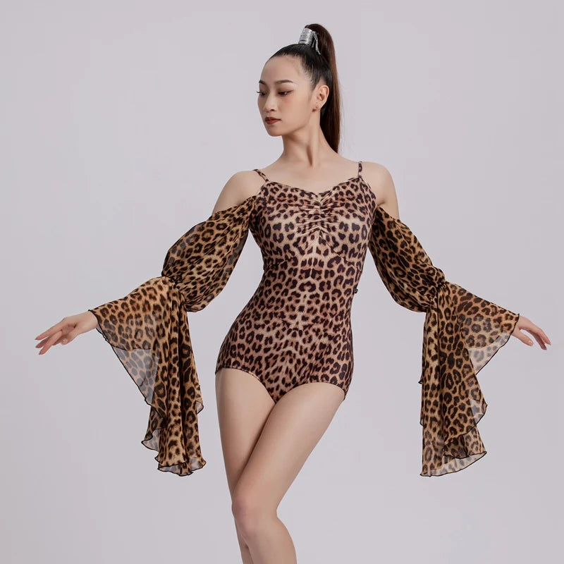 Dance Leotard Women's Leopard Print Off-Shoulder Ruffled Long Sleeve Spandex Latin Dance Bodysuit