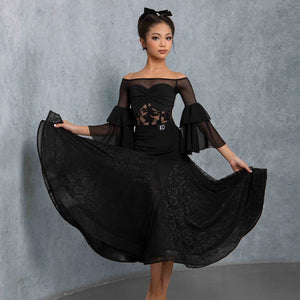 Women's Black Lace Ballroom Dance Dress with Bell Sleeves