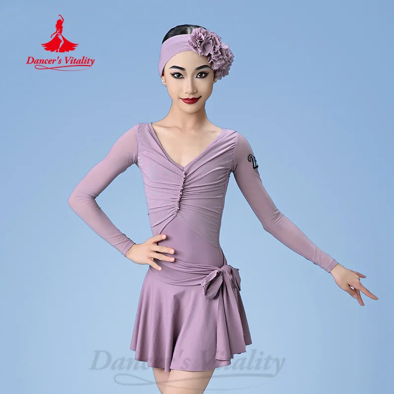 Girls' Lavender Long Sleeve V-Neck Ruched Leotard with Skirt and Headband, Mesh Sleeves, Latin Dance Dress