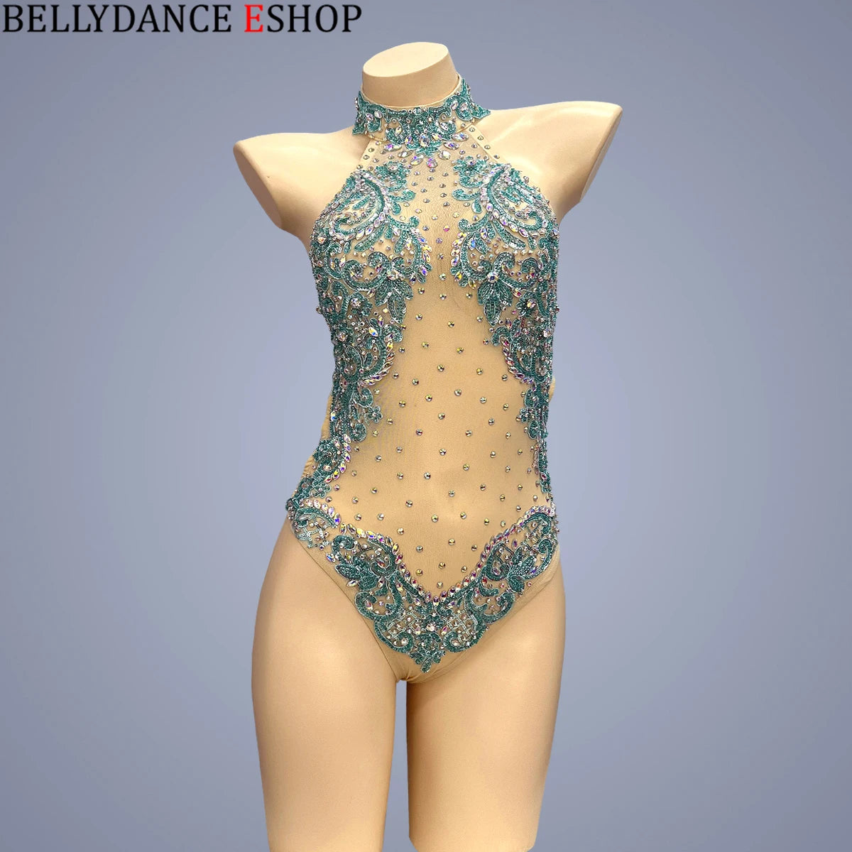 Women's Gold and Green Beaded Halter Neck Bodysuit, Ballroom Dance