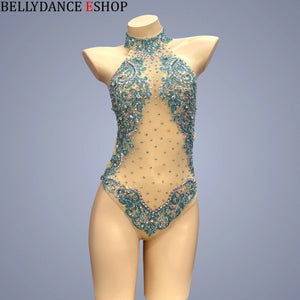 Women's Gold and Green Beaded Halter Neck Bodysuit, Ballroom Dance
