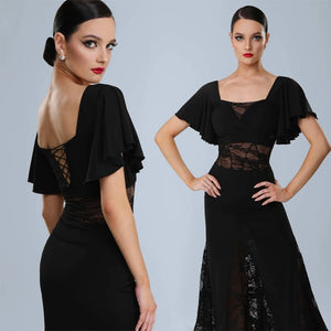 Women's Black Lace Panel Ruffle Sleeve Latin Ballroom Dance Dress