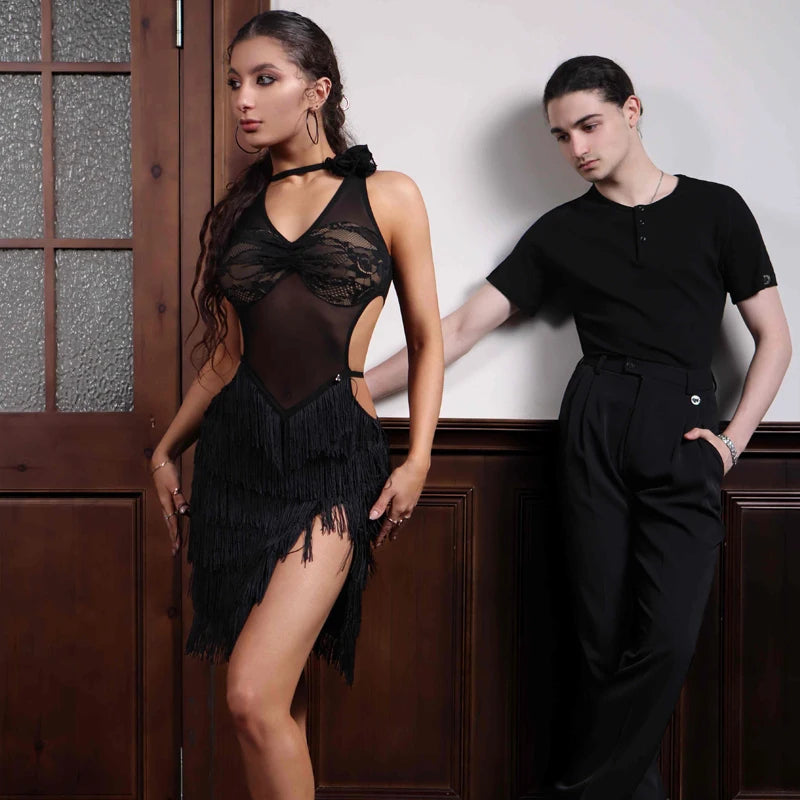 Women's Black Mesh Lace Fringe Latin Dance Dress