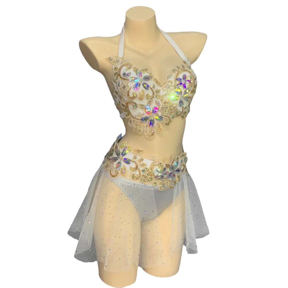 Belly Dance Women's White and Gold Sequin and Rhinestone Halter Top and Skirt Set with Sheer Overlay, Bellydance Performance Costume
