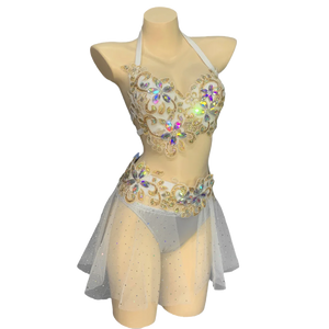 Belly Dance Women's White and Gold Sequin and Rhinestone Halter Top and Skirt Set with Sheer Overlay, Bellydance Performance Costume