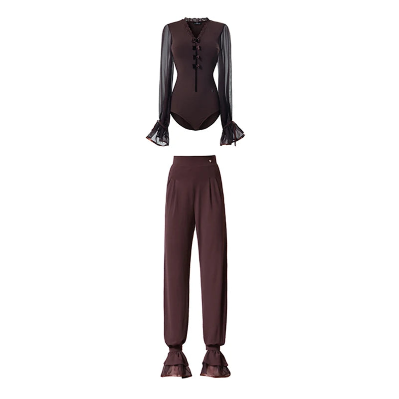Women's Black and Brown Sheer Sleeve Ruffled Jumpsuit with Velvet Buttons for Latin Dance