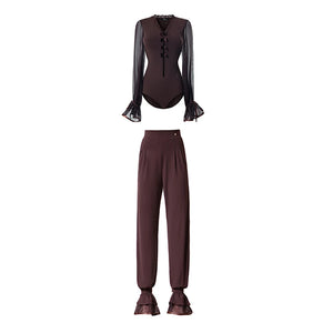 Women's Black and Brown Sheer Sleeve Ruffled Jumpsuit with Velvet Buttons for Latin Dance