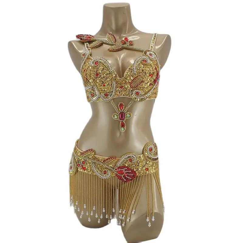 Belly Dance Costume Women Gold Sequin Embroidered Red Gemstone Bra and Belt Set with Beaded Fringe