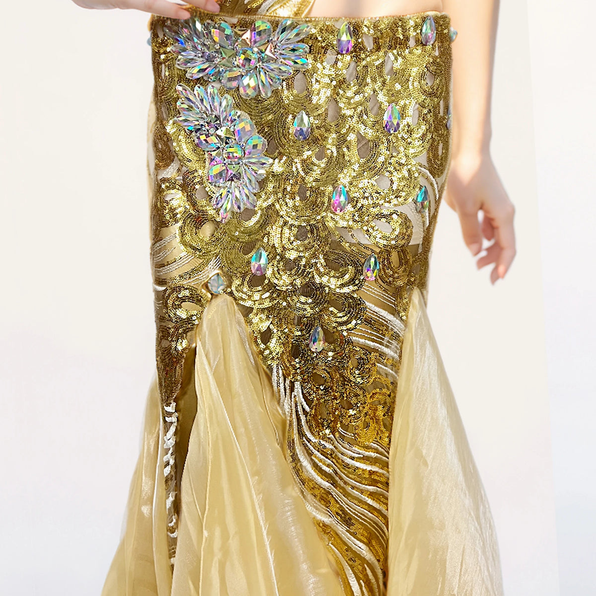 Belly Dance Costume Womens Gold Sequin Halter Top High Slit Skirt Set