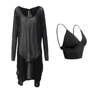 Women's Black Mesh Long Sleeve Latin Dance Dress with Fringe Skirt