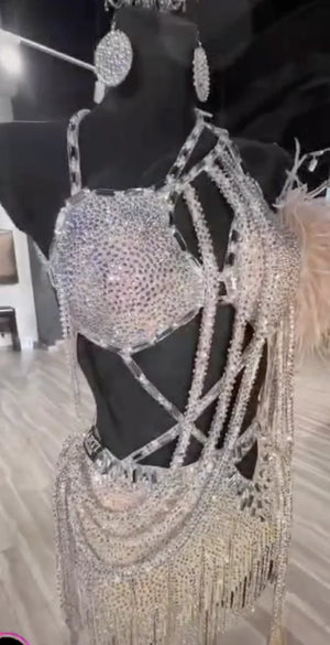 Rhinestone Crystal Embellished Women's Silver Bra Top and Strap Dress with Matching Earrings and Cuff - Latin Dance