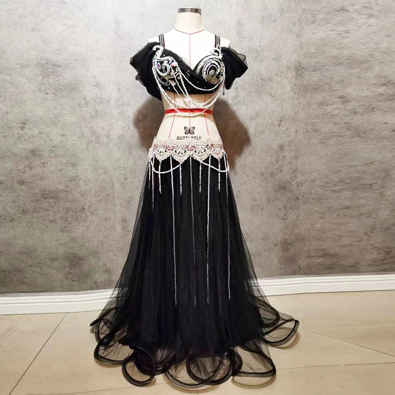 Belly Dance Costume Women's Lavender Chiffon Off-Shoulder Top with Embellished Bra & Long Skirt Set for Performance