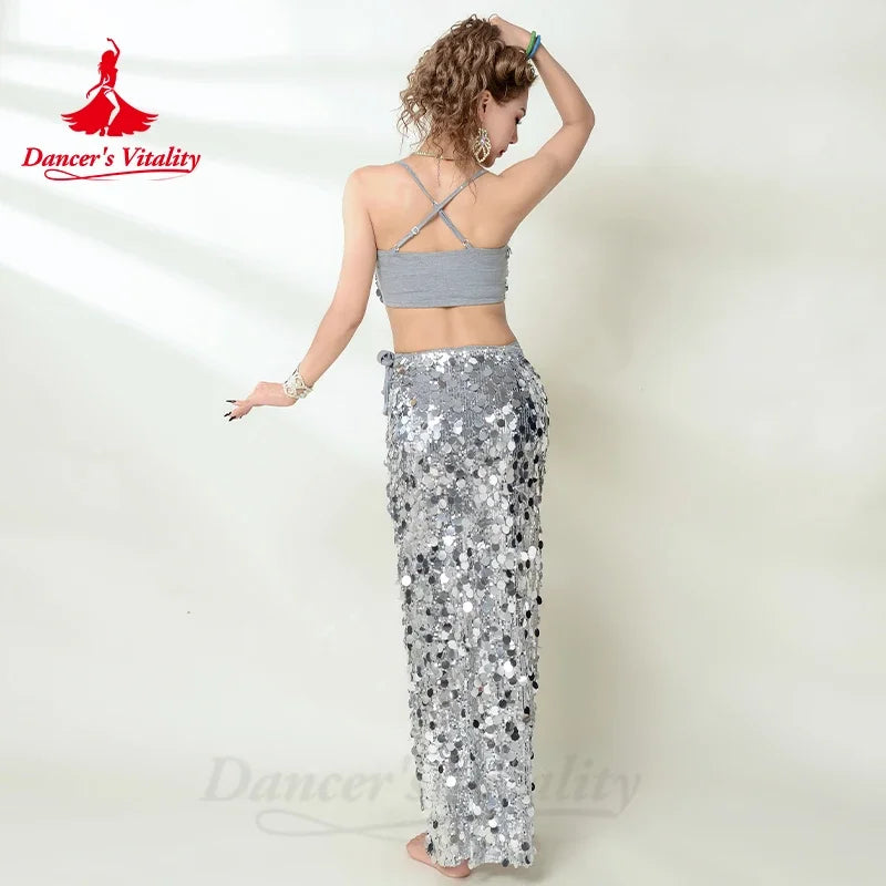 Belly Dance Costume Women Silver Sequin Crop Top and High Slit Skirt Set for Performance