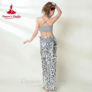 Belly Dance Costume Women Silver Sequin Crop Top and High Slit Skirt Set for Performance