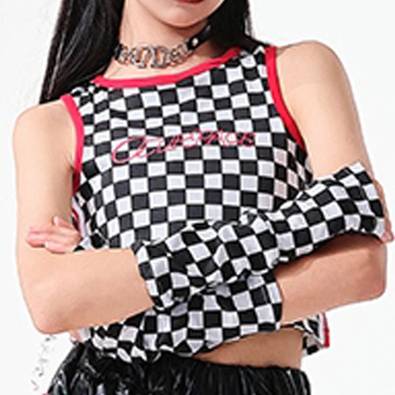 Dance Costume Girls Black White Red Checkered Crop Top Shiny PU Cargo Pants Hip Hop Street Dance