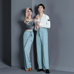 Dance Pants Women's Black High-Waisted Wide Leg Tie-Waist Ballroom Latin Dance Trousers