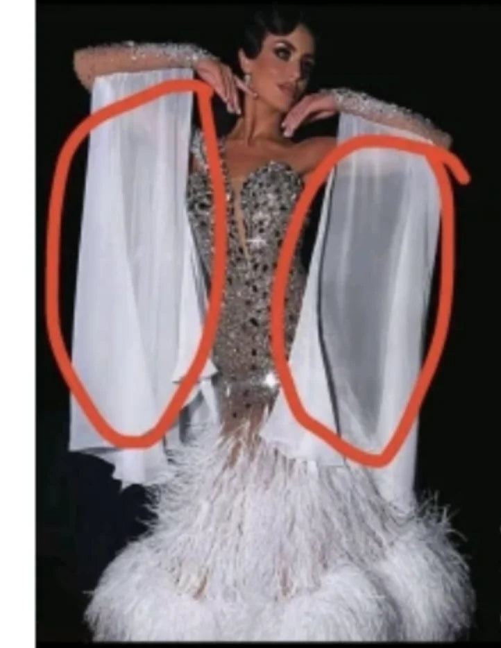 Women's White Sheer Drape Crystal Feather Ballroom Dance Dress