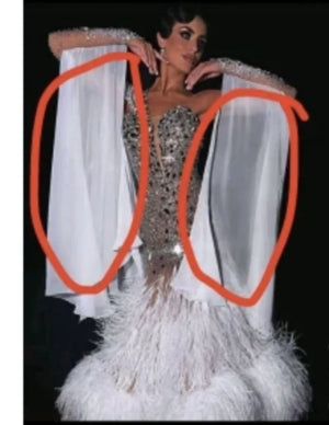 Women's White Sheer Drape Crystal Feather Ballroom Dance Dress