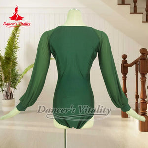 Women's Dark Green V-Neck Long Sleeve Mesh Ballroom Dance Leotard