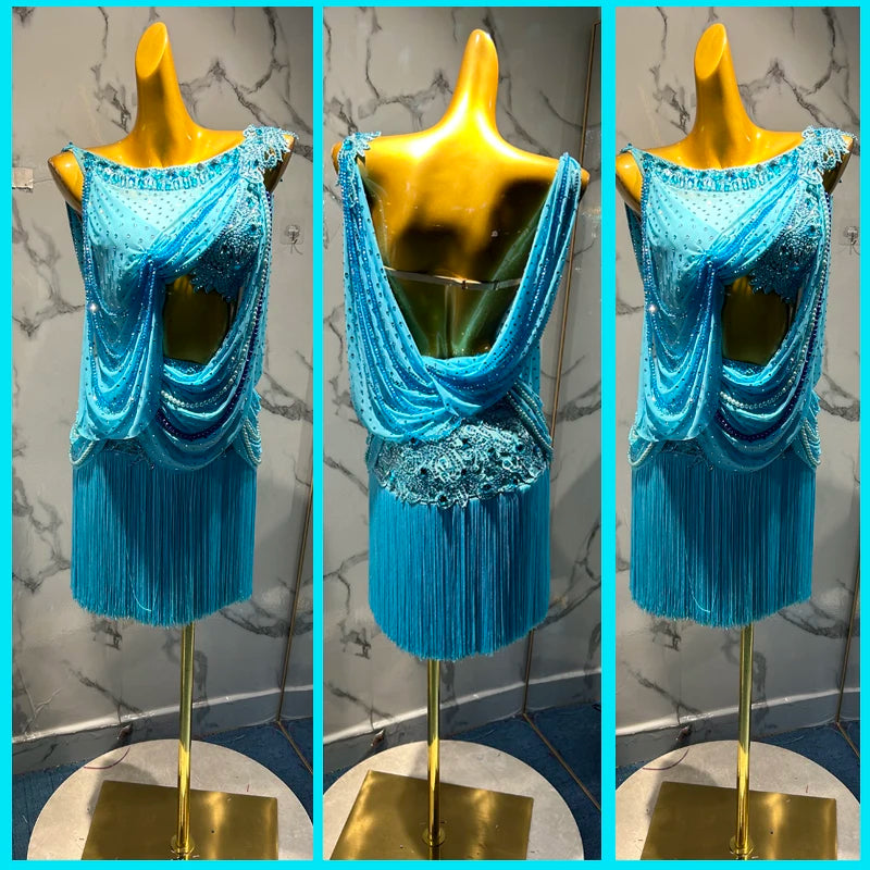 Women's Blue Sequin Beaded Fringe Latin Dance Dress