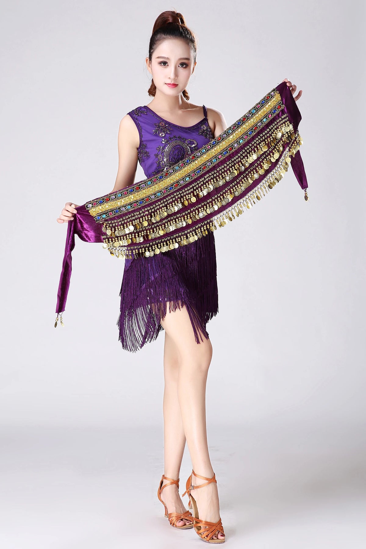 Belly Dance Hip Scarf, Women's Green Sequin & Coin Fringe Velvet & Chiffon Belly Dance Hip Scarf