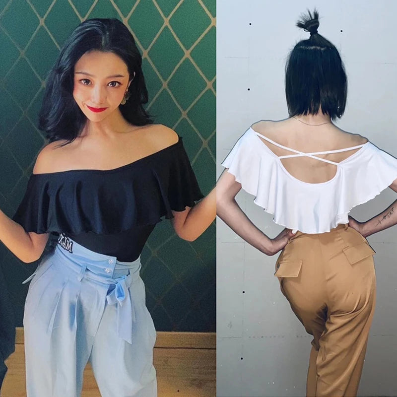 Women's Black & White Off-Shoulder Ruffle Latin Dance Top with Crisscross Back