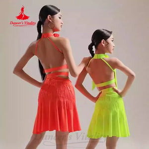 Latin Dance Dress, Girls & Women's, Orange & Neon Yellow, Fringe Cut-out Halterneck, Ballroom Salsa Cha Cha Rumba Tango