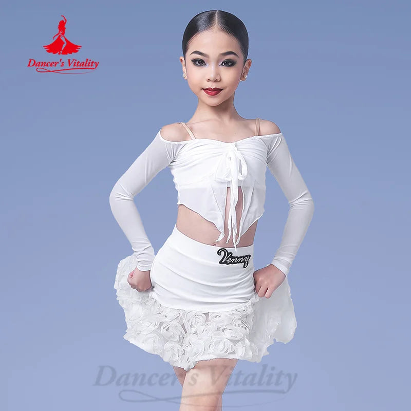 Women's Light Blue Mesh Long Sleeve Off-Shoulder Ruffle Latin Dance Top and Skirt Set