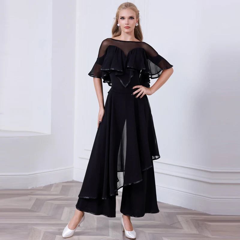 Women's Black Sheer Ruffle Ballroom Dance Top and Wide Leg Pants Set