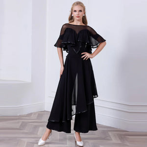 Women's Black Sheer Ruffle Ballroom Dance Top and Wide Leg Pants Set