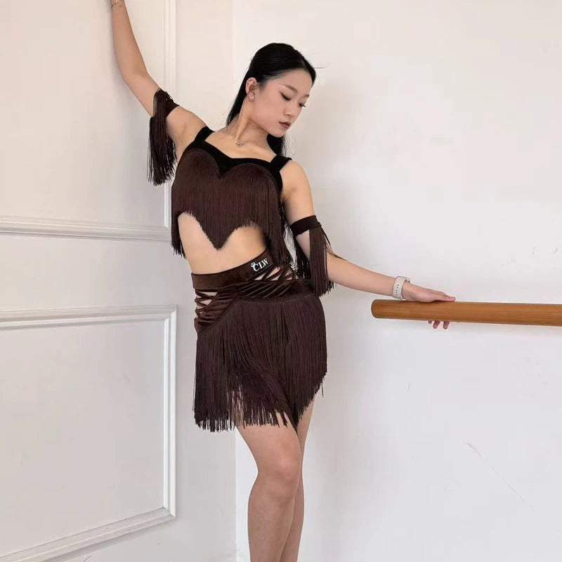 Latin Dance Women's Brown Fringe Two-Piece Set with Armbands
