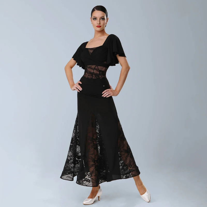 Women's Black Lace Panel Ruffle Sleeve Latin Ballroom Dance Dress