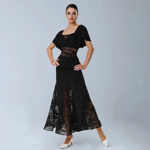 Women's Black Lace Panel Ruffle Sleeve Latin Ballroom Dance Dress