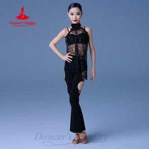 Girls Black Lace Sequin Halter Top and Cut-Out Bell Bottom Pants Latin Dancewear