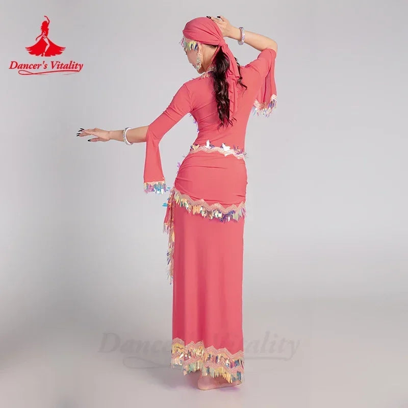 Women's Belly Dance Baladi Saidi 4-Piece Costume Set With Robe, Bra, Headscarf, Hip Scarf For Competition