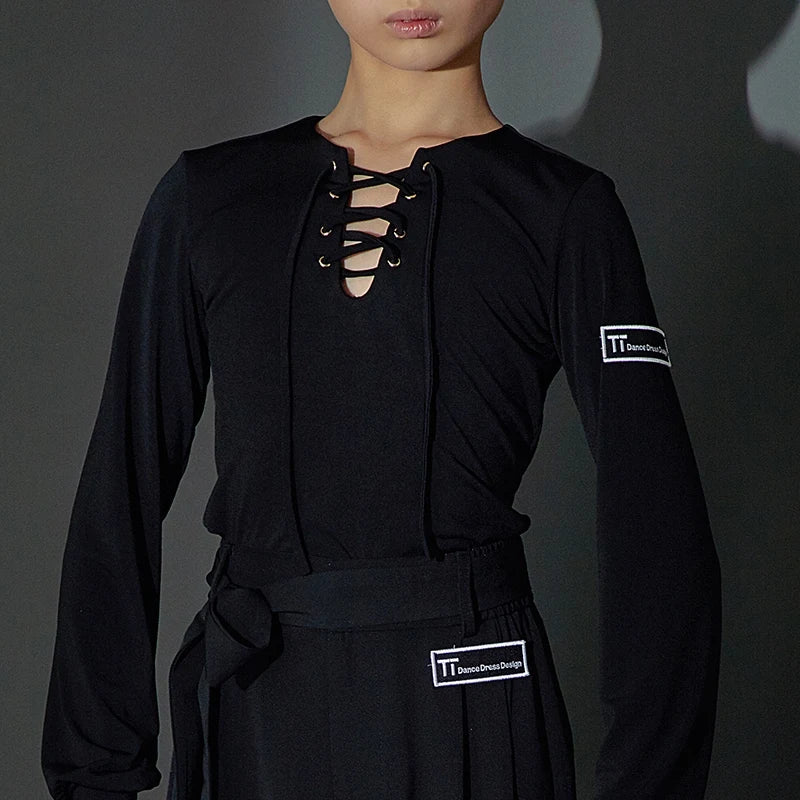 Boys Ballroom Dance Shirt with Lace-Up Neckline and High-Waisted Trousers, White, Lavender, Black Long Sleeve Latin Dance Top and Pants Set