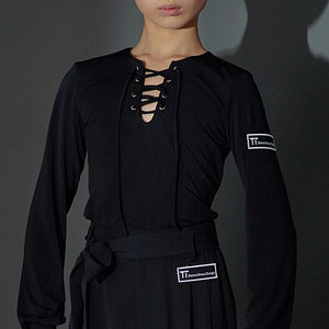 Boys Ballroom Dance Shirt with Lace-Up Neckline and High-Waisted Trousers, White, Lavender, Black Long Sleeve Latin Dance Top and Pants Set