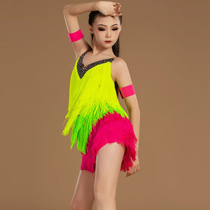 Girls' Neon Green & Hot Pink Fringe Sequin Latin Dance Dress