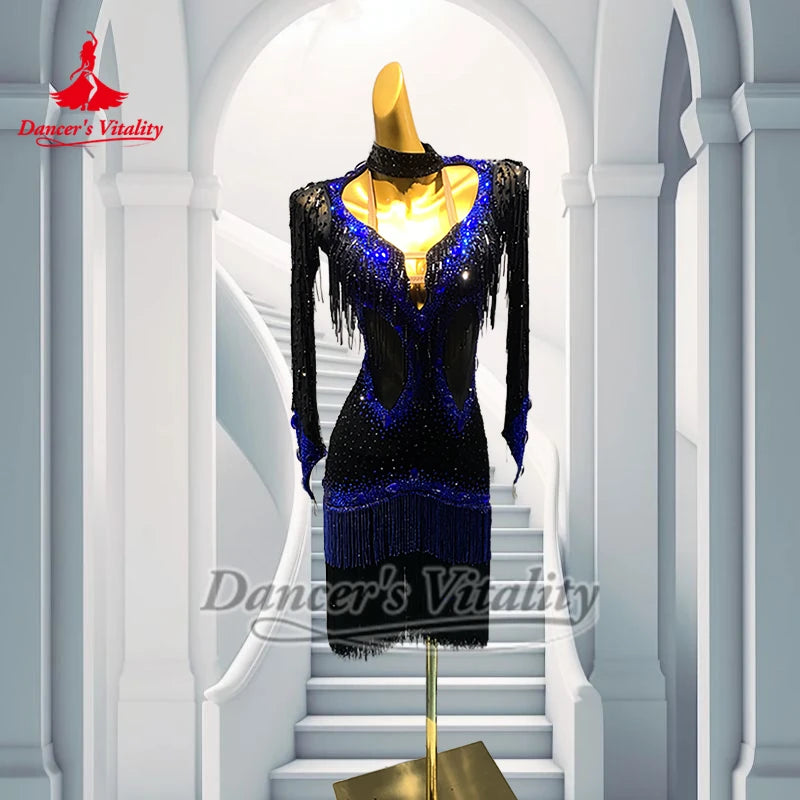 Latin Dance Dress Women's Black and Blue Beaded Fringe Backless Rhinestone Salsa Rumba Cha Cha Costume