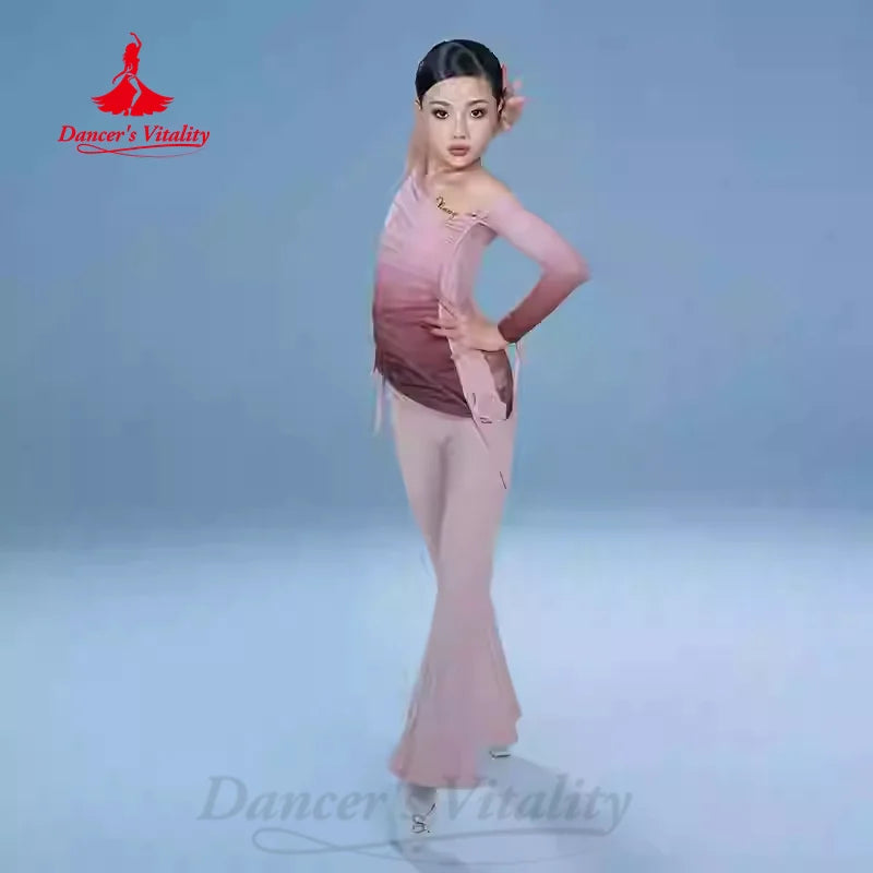 Girls' Ombre One-Shoulder Mesh Latin Dance Top and Flared Pants Set - Brown/Beige, Ruched, Long Sleeve