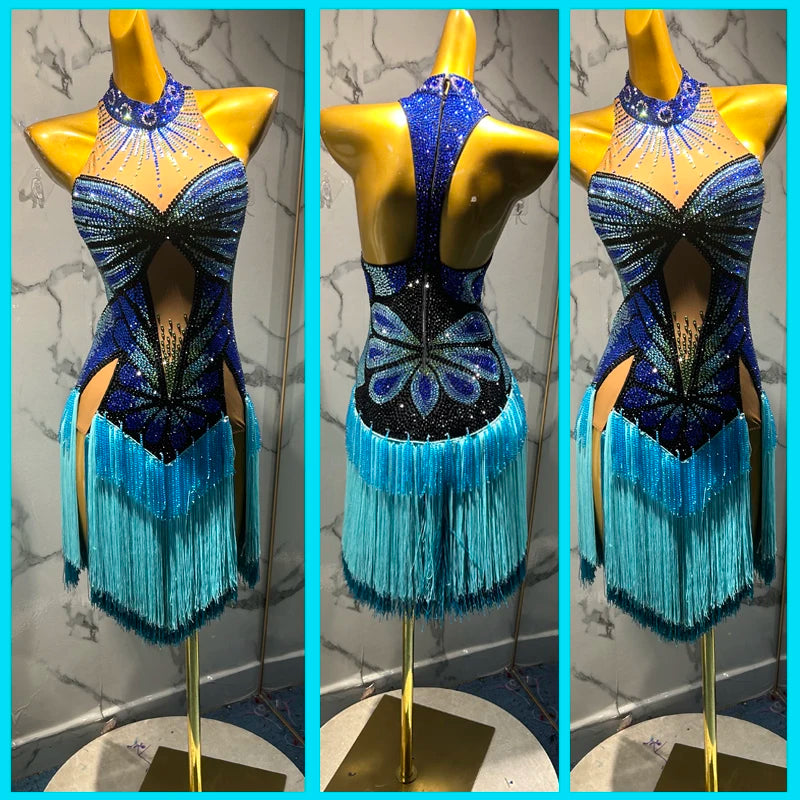Latin Dance Dress Women's Blue Black Rhinestone Fringe Halterneck Open Back Short Lycra Spandex Performance Costume